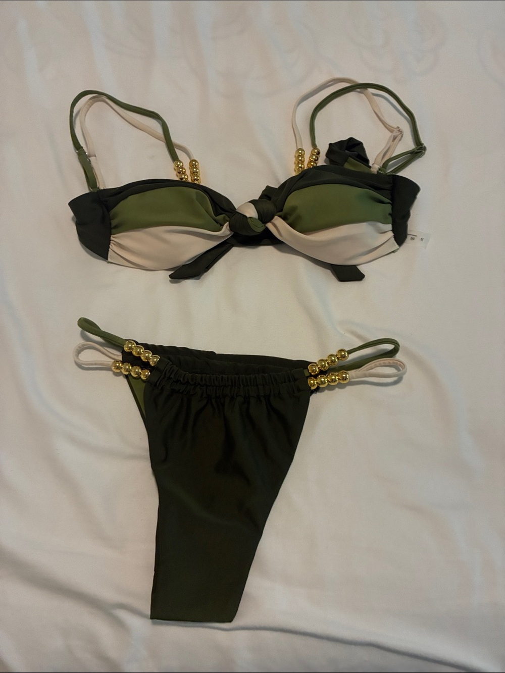 SHEIN Olive & Cream Beaded Two-Piece Bikini